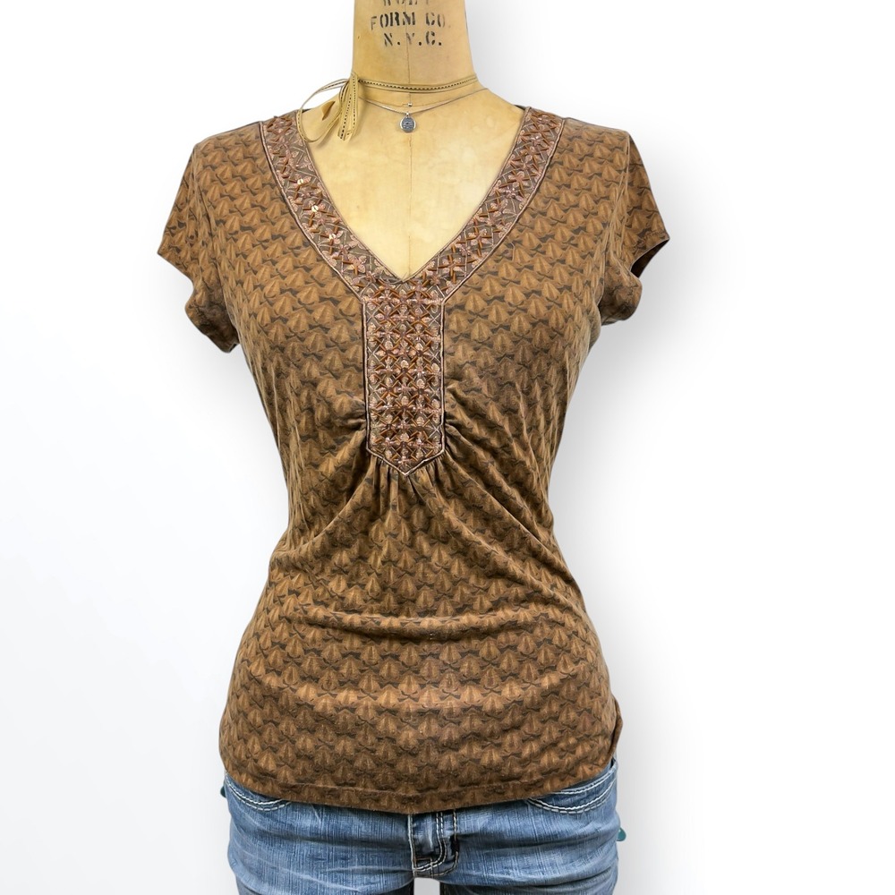 Liz Claiborne Y2K Brown Embroidered Beaded Sequin V Neck Ruched Top Boho Size M